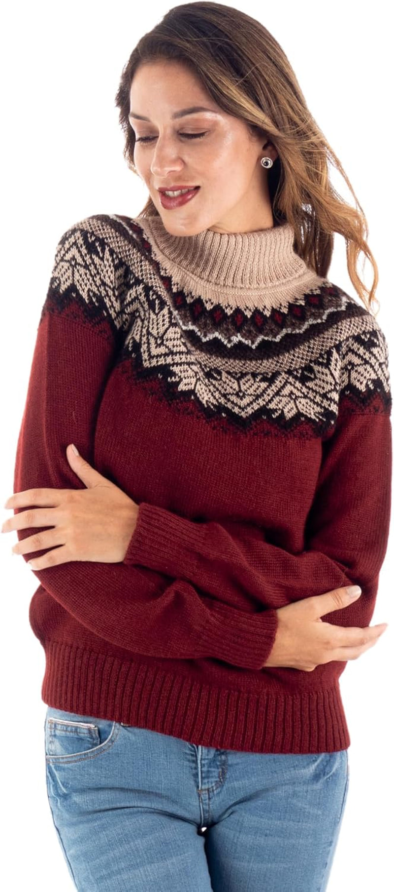 Alpaca Sweater – Burgundy Snowflake Design