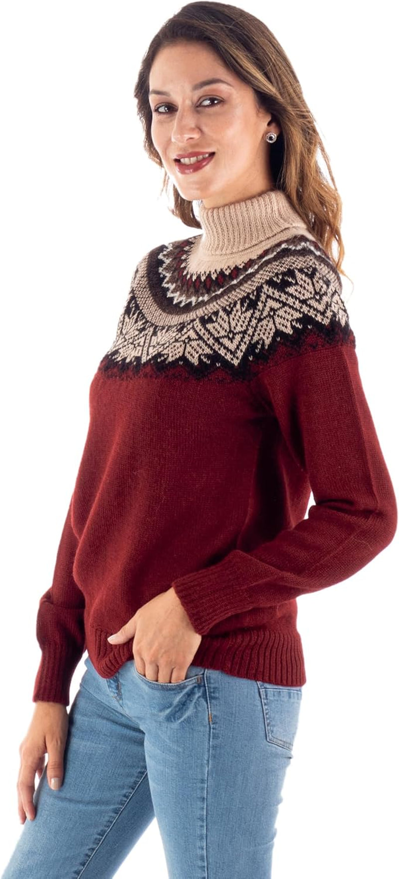 Alpaca Sweater – Burgundy Snowflake Design