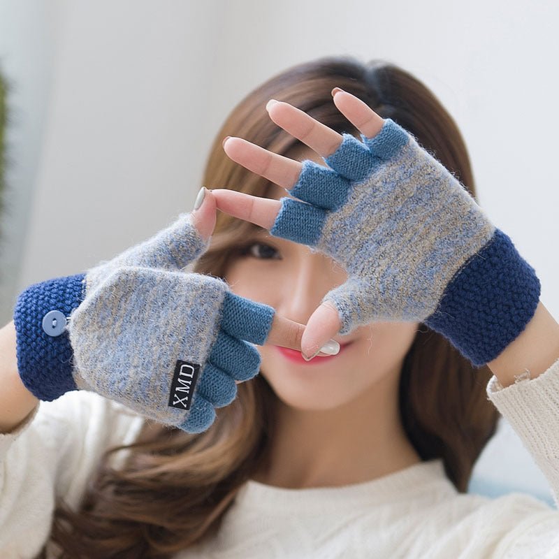 Women's half finger gloves wholesale female autumn winter Korean version of warm lovable double use of double finger wool gloves students - Alpaca House