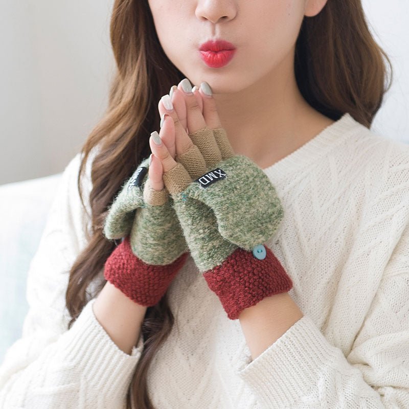 Women's half finger gloves wholesale female autumn winter Korean version of warm lovable double use of double finger wool gloves students - Alpaca House