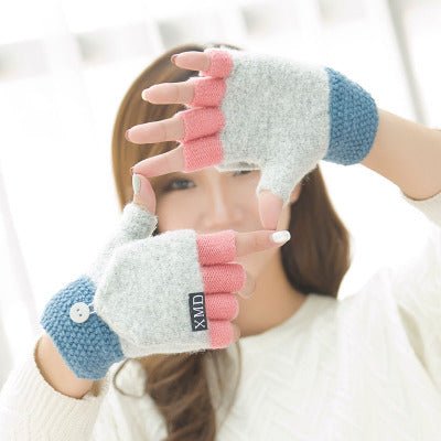 Women's half finger gloves wholesale female autumn winter Korean version of warm lovable double use of double finger wool gloves students - Alpaca House