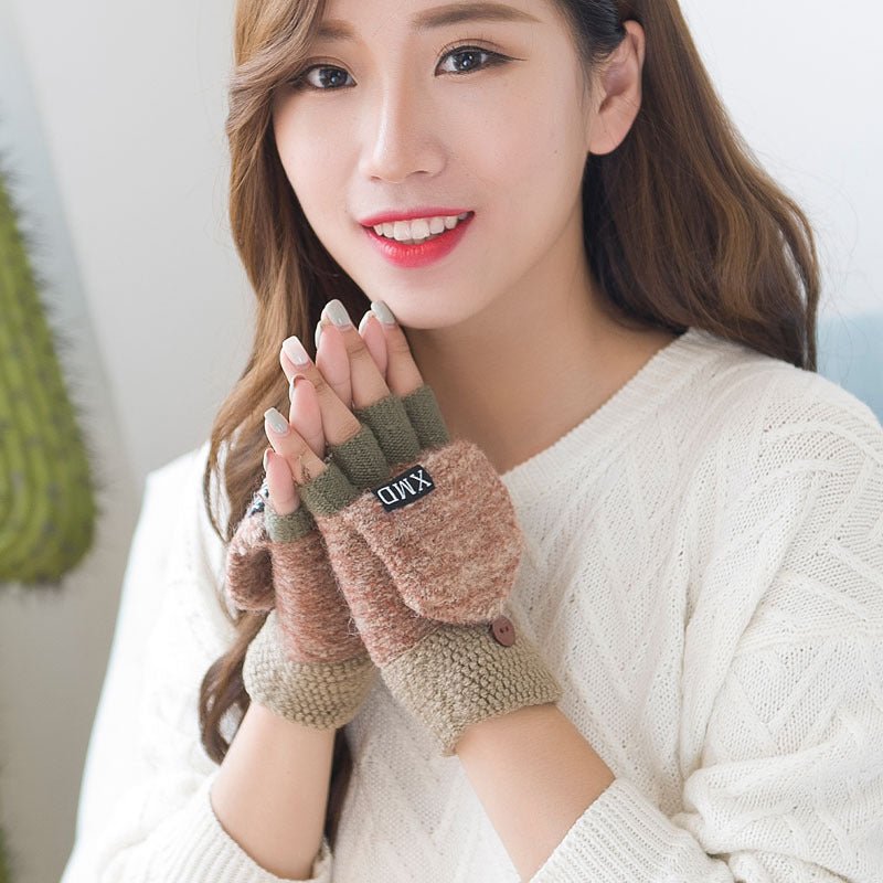 Women's half finger gloves wholesale female autumn winter Korean version of warm lovable double use of double finger wool gloves students - Alpaca House