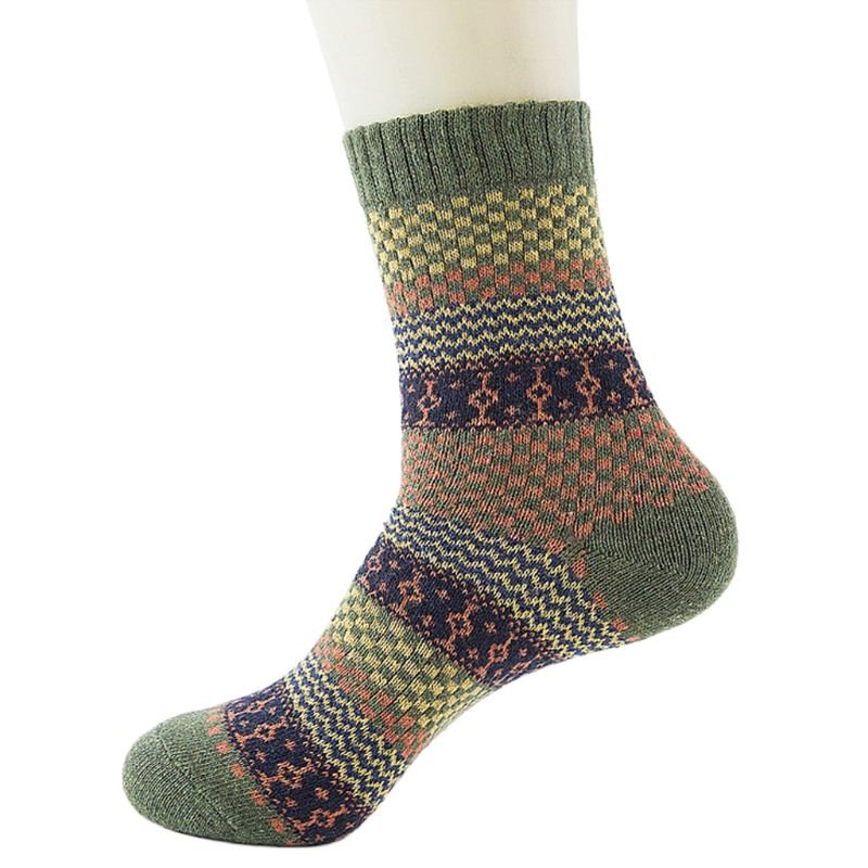 5 Pairs, Men's Warm Ethnic Wool Socks, Plaid, Geometric StripesAnd Ribbed Long Knit - Alpaca House