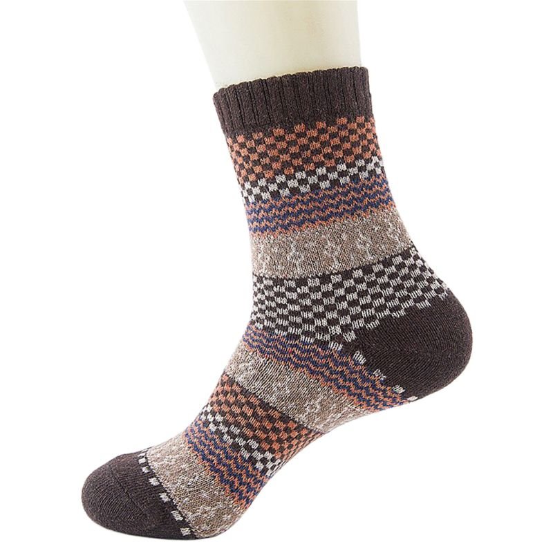 5 Pairs, Men's Warm Ethnic Wool Socks, Plaid, Geometric StripesAnd Ribbed Long Knit - Alpaca House