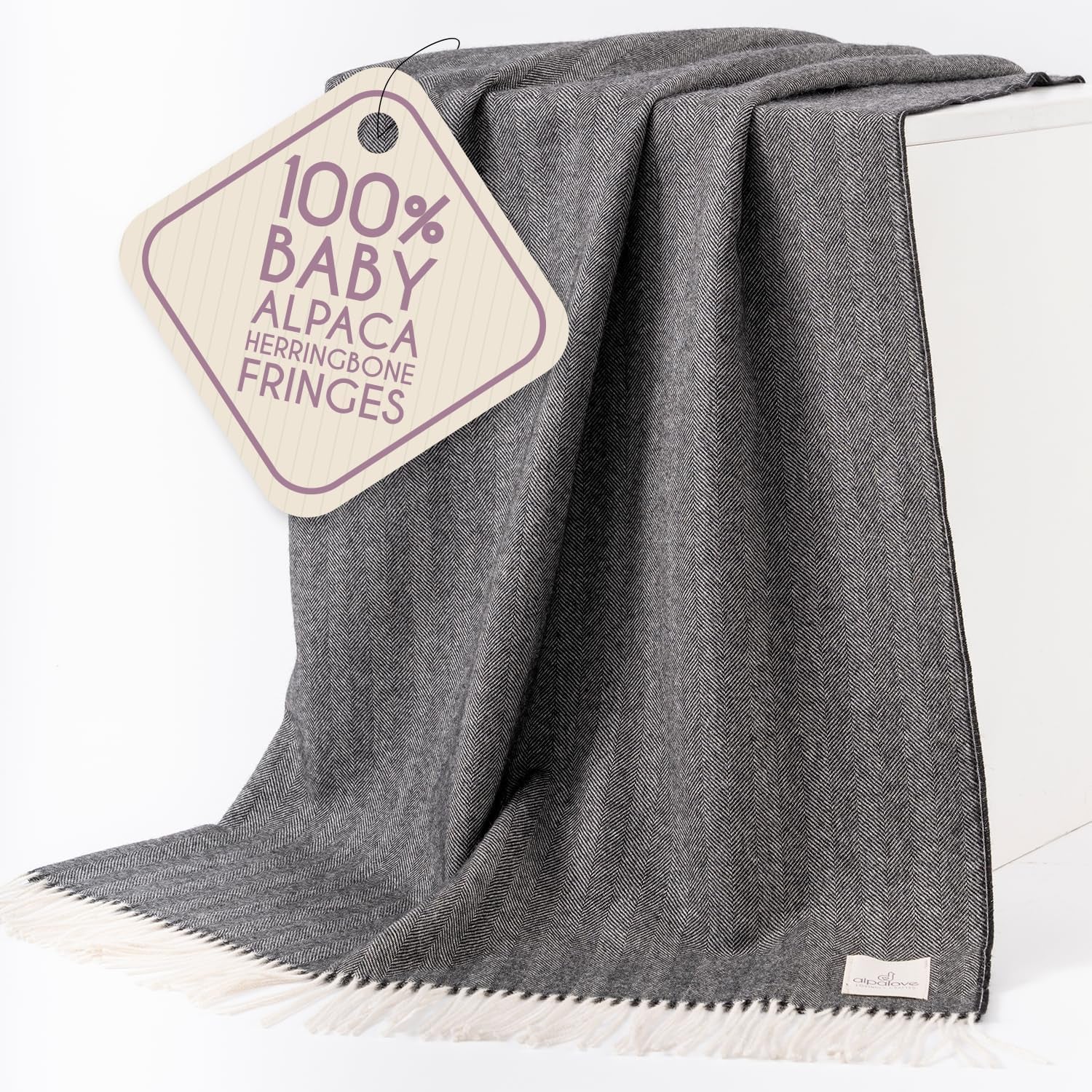 Alpaca Wool Throw Blanket – Herringbone Design