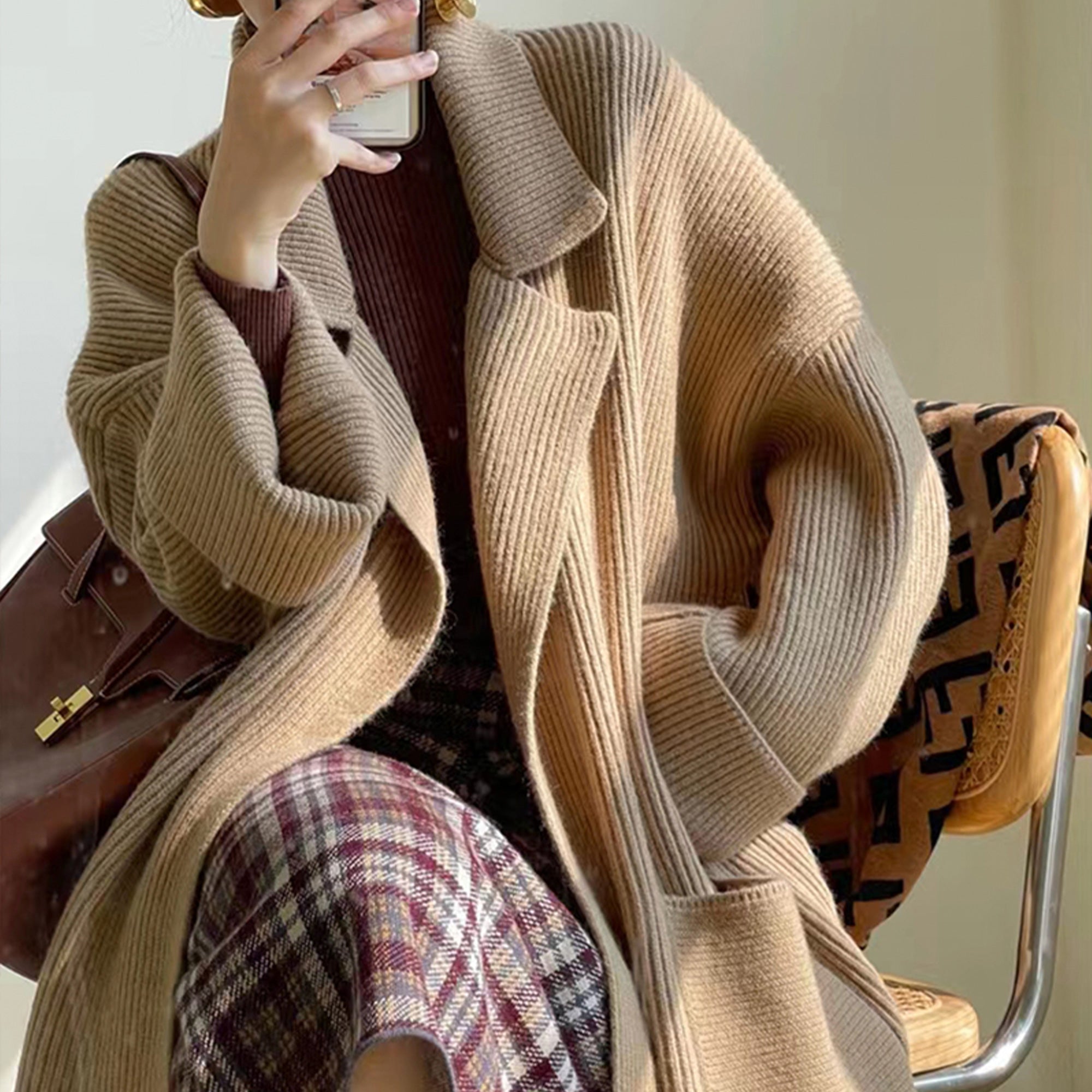 Alpaca Coffee Wool Sweater, Coffee Knit Sweater, Hand Knitted Friendly Slim Coat, Leisure Cozy Sweater, Boho Women Sweater - Alpaca House