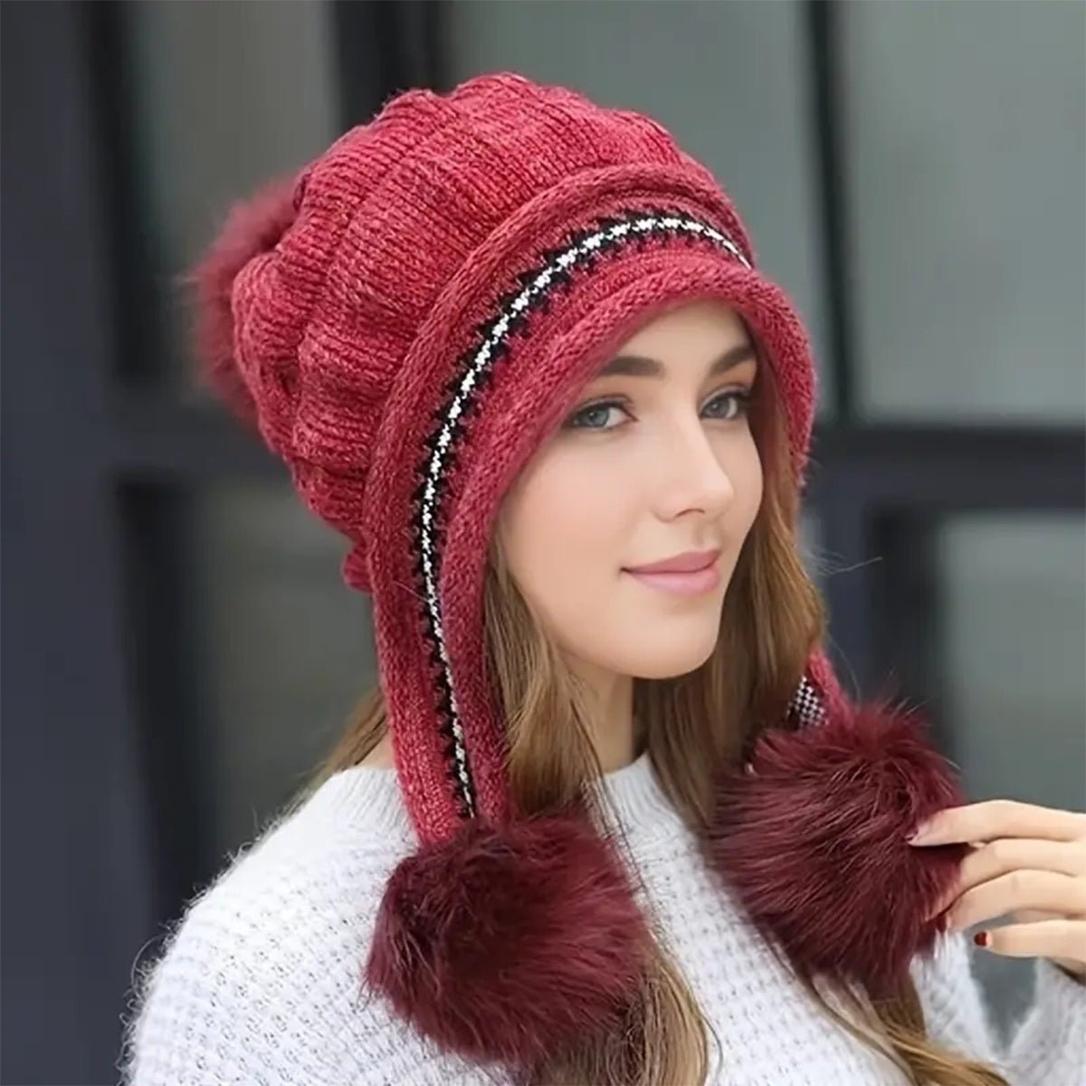 Cozy Knit Fleece - Feel Beanie With Ear Flaps & Pompom Warm Winter Hat For Women Perfect For Skiing & Outdoor Activities - Alpaca House