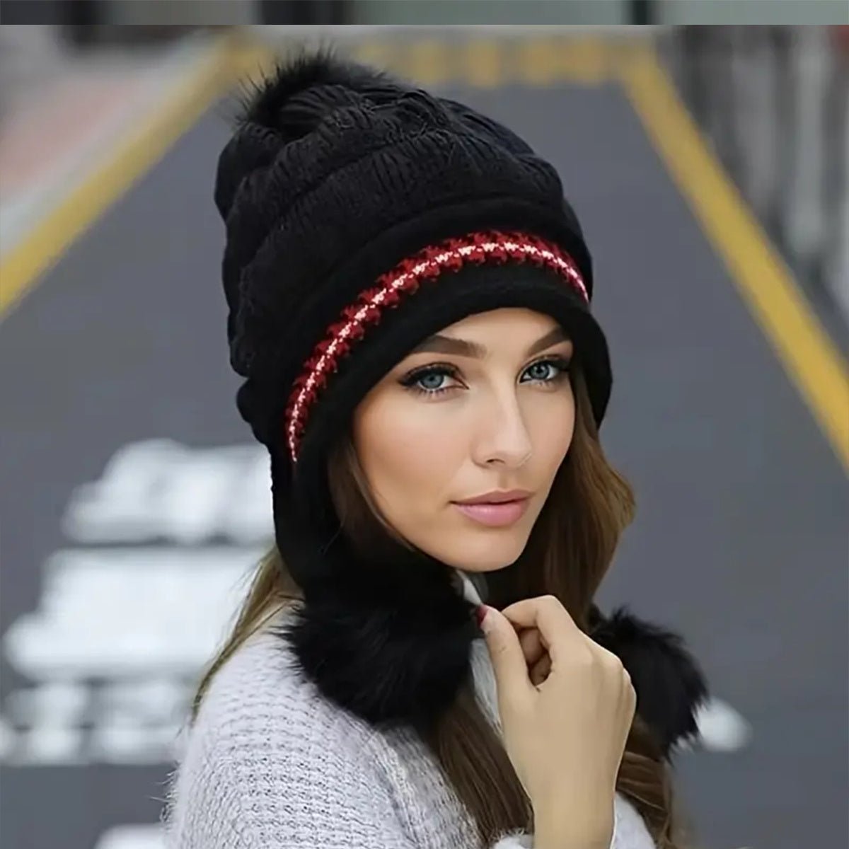 Cozy Knit Fleece - Feel Beanie With Ear Flaps & Pompom Warm Winter Hat For Women Perfect For Skiing & Outdoor Activities - Alpaca House