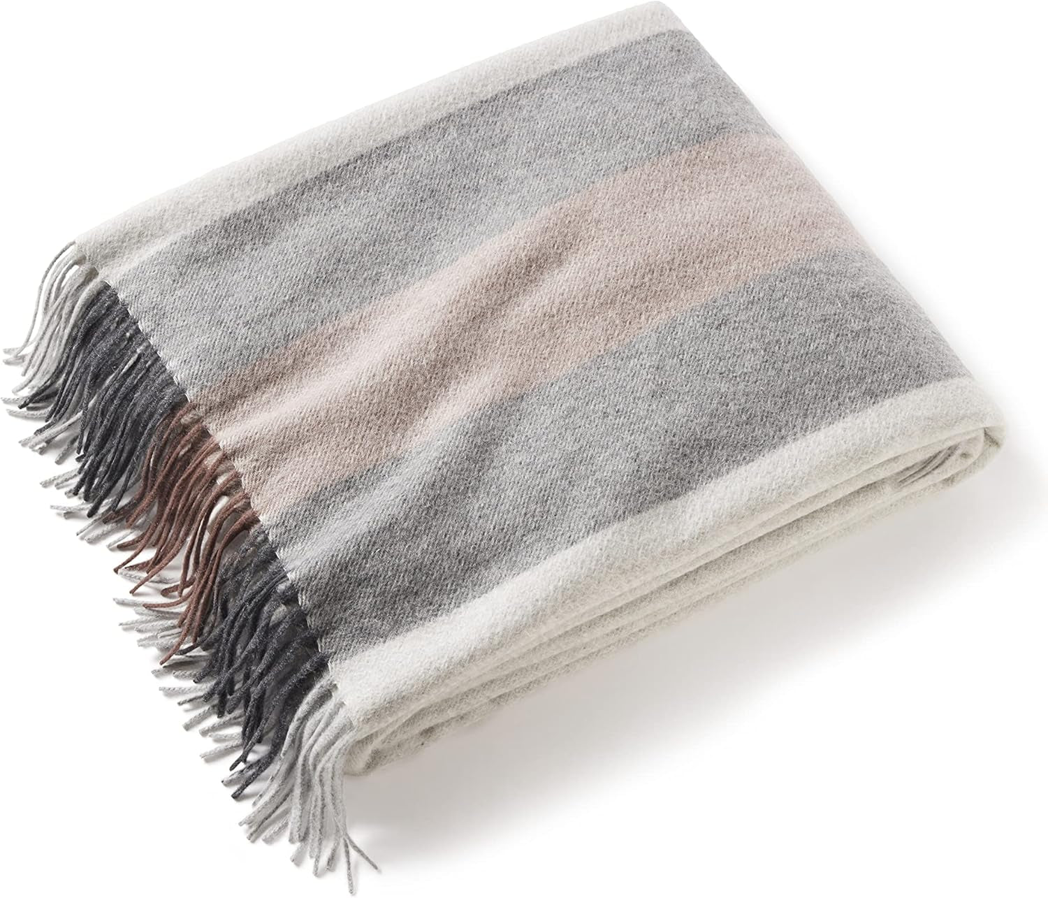 Multicolored Striped Home Throw Blanket with Decorative Fringe 100% Pure Cashmere Ultra Soft Accent Blanket for Couch, Sofa & Bed (Grey/Black/Brown, 70"X50")
