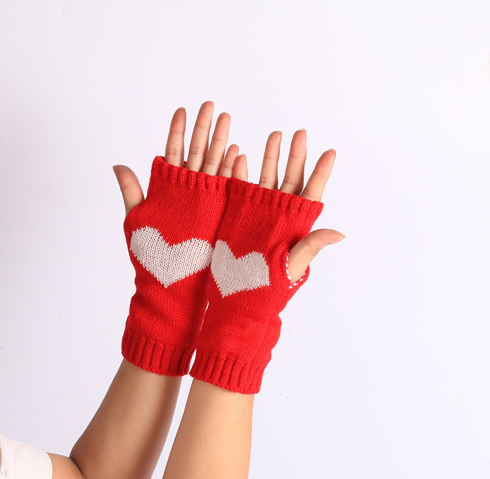 Fingerless Wool Warm Big Heart Gloves Knitted - Alpaca House