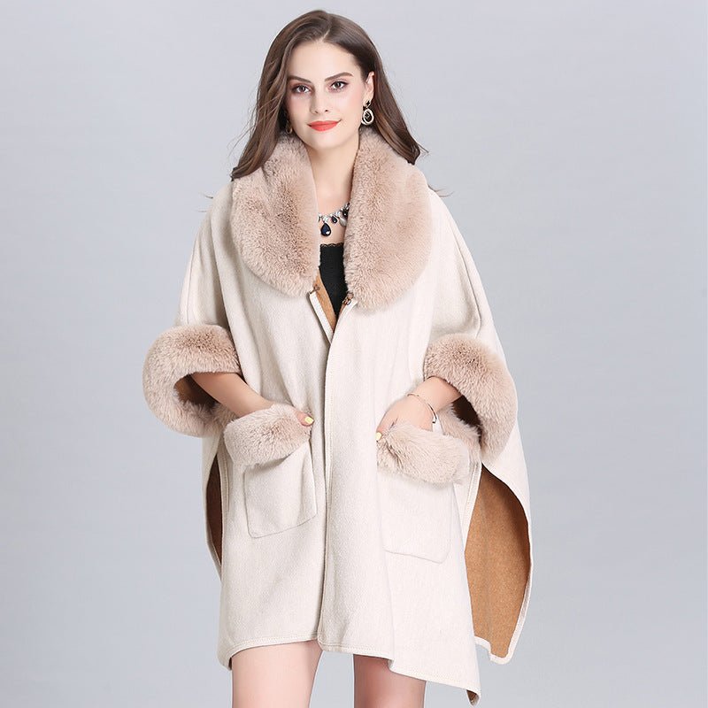 Ladies Fur Collar Lapel Pocket Wool Cardigan Jacket - Alpaca House