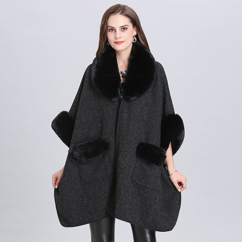 Ladies Fur Collar Lapel Pocket Wool Cardigan Jacket - Alpaca House