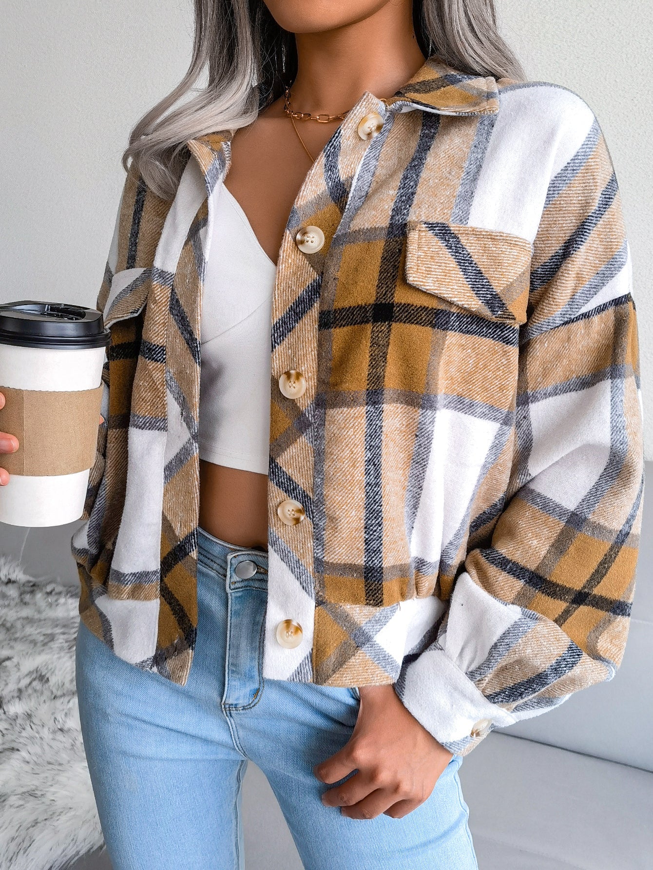 Plaid Lantern Sleeve Wool Coat Jacket - Alpaca House