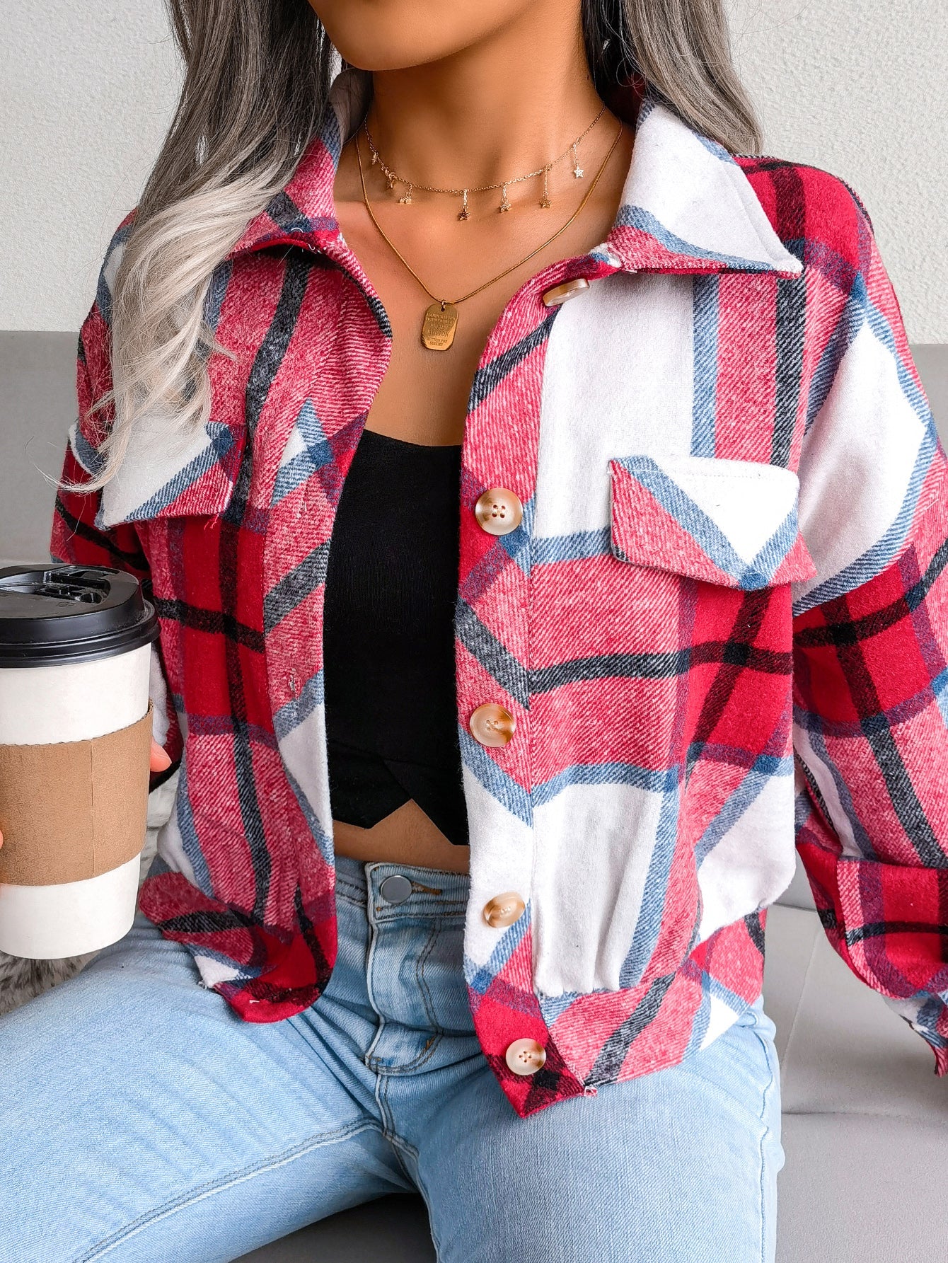 Plaid Lantern Sleeve Wool Coat Jacket - Alpaca House