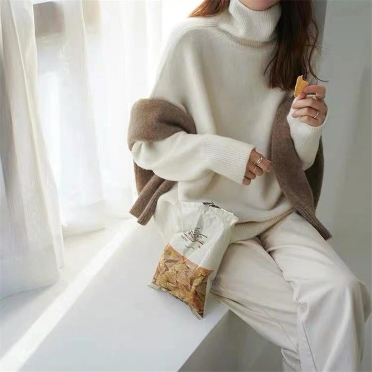 Turtleneck Pure Cashmere Sweater Women Thick Sweater Loose - Alpaca House