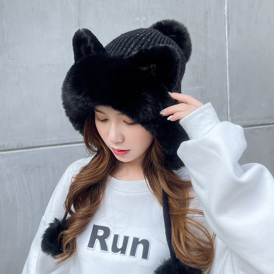 Winter Cute Cartoon Sequins Cat Ears Fleece - lined Thickened Warm Beanie - Alpaca House
