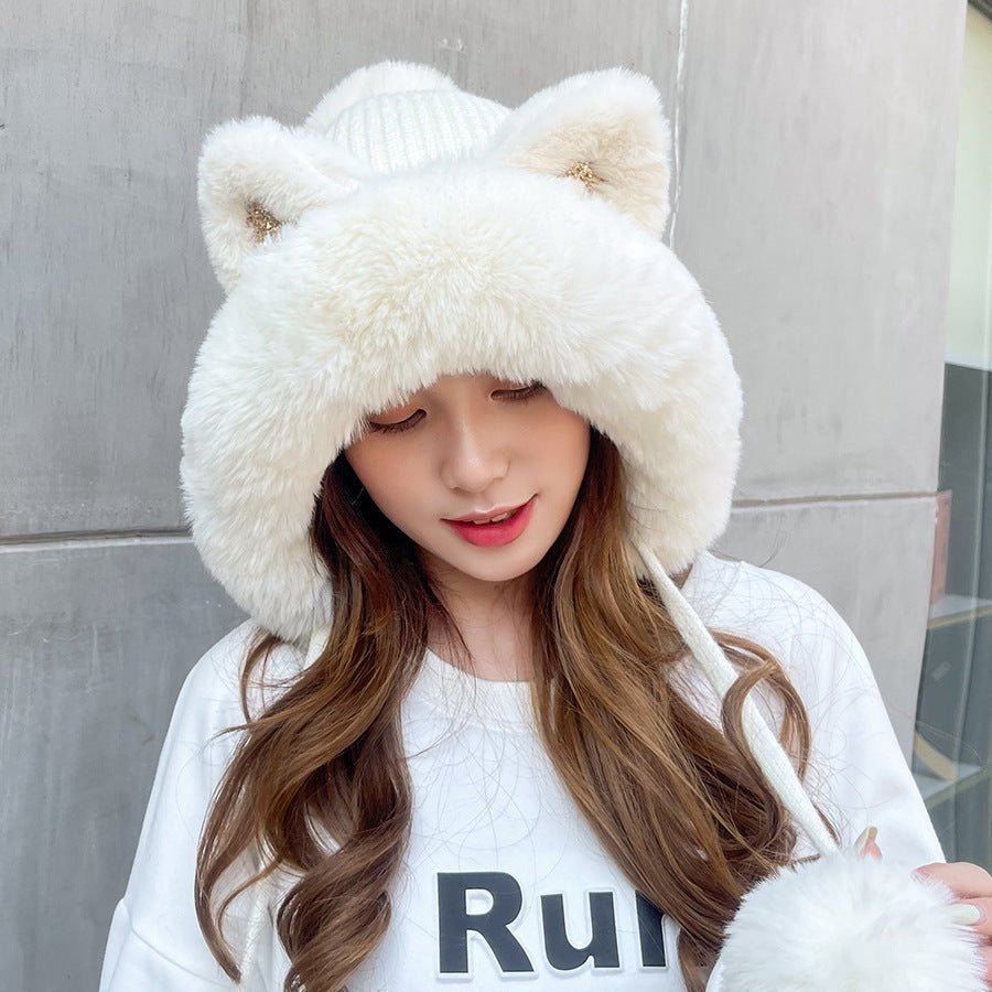 Winter Cute Cartoon Sequins Cat Ears Fleece - lined Thickened Warm Beanie - Alpaca House