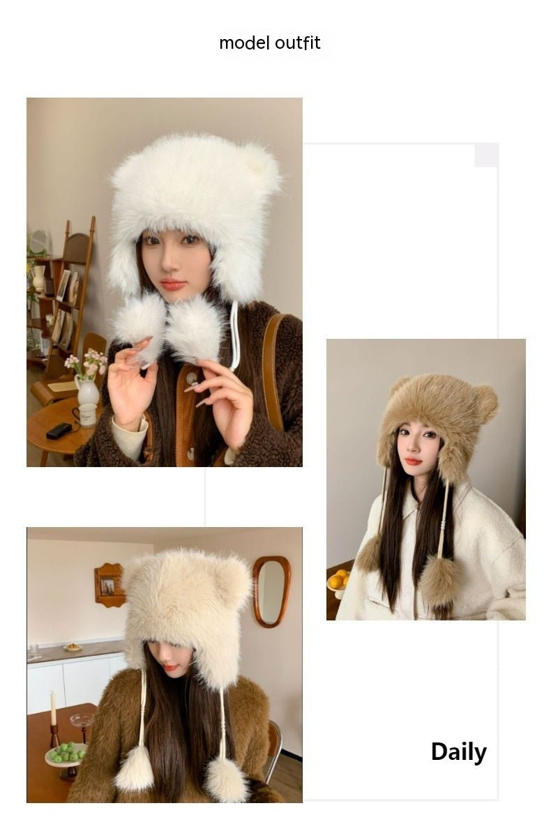 Winter Earflaps Thick Plush Women Cute Bear Ears Hanging Ball Thermal Head Cover Beanie Hat - Alpaca House