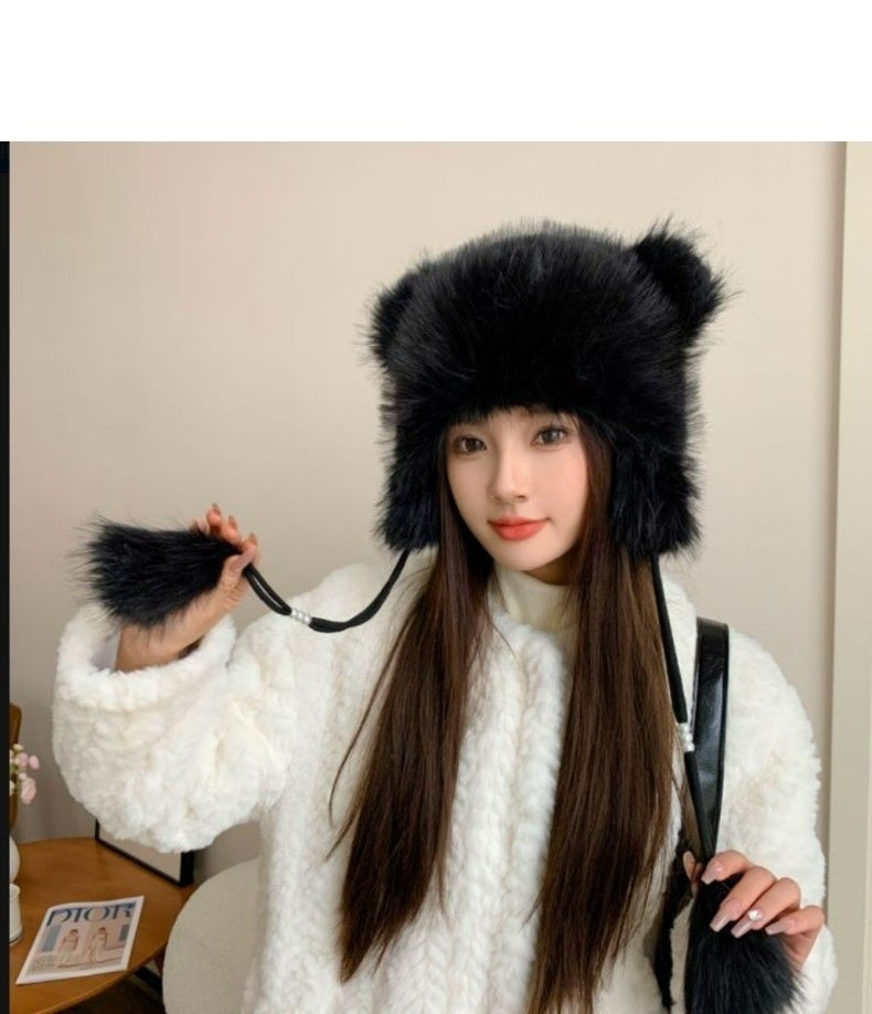 Winter Earflaps Thick Plush Women Cute Bear Ears Hanging Ball Thermal Head Cover Beanie Hat - Alpaca House