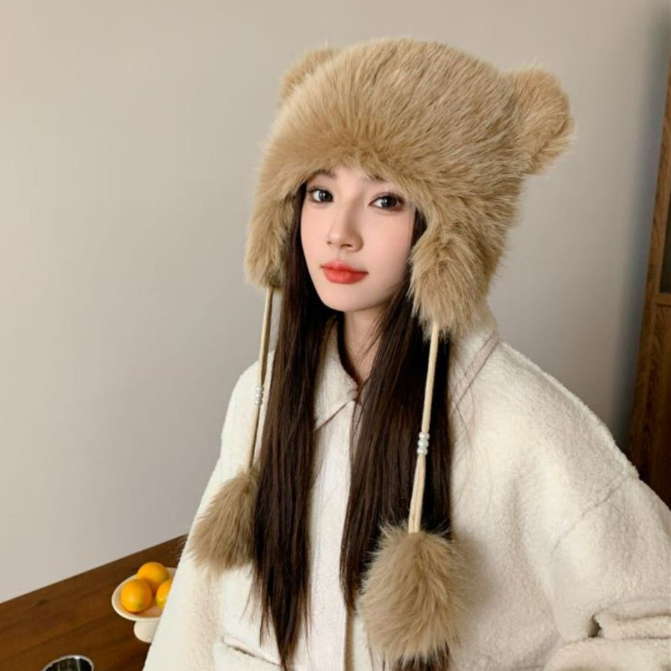 Winter Earflaps Thick Plush Women Cute Bear Ears Hanging Ball Thermal Head Cover Beanie Hat - Alpaca House