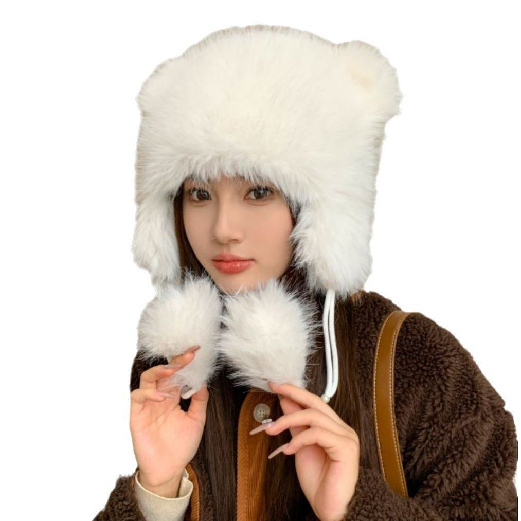 Winter Earflaps Thick Plush Women Cute Bear Ears Hanging Ball Thermal Head Cover Beanie Hat - Alpaca House