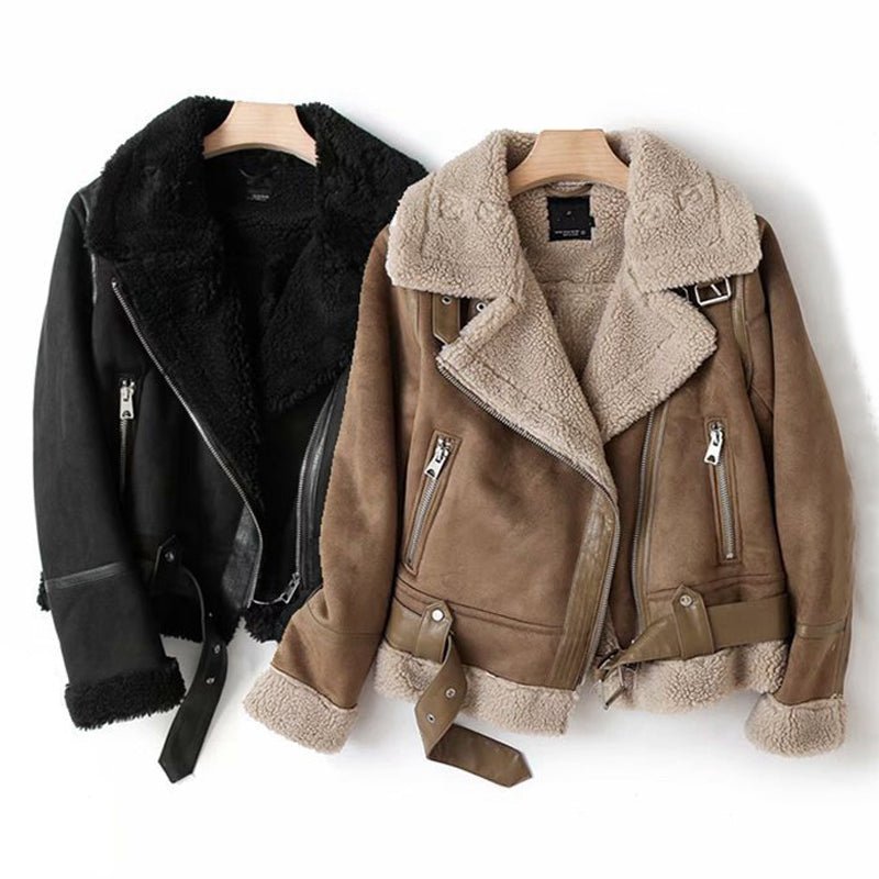 WInter Lapel Jacket Suede Lamb Wool Warm Coat Motorcycle Clothing Women Outwears - Alpaca House