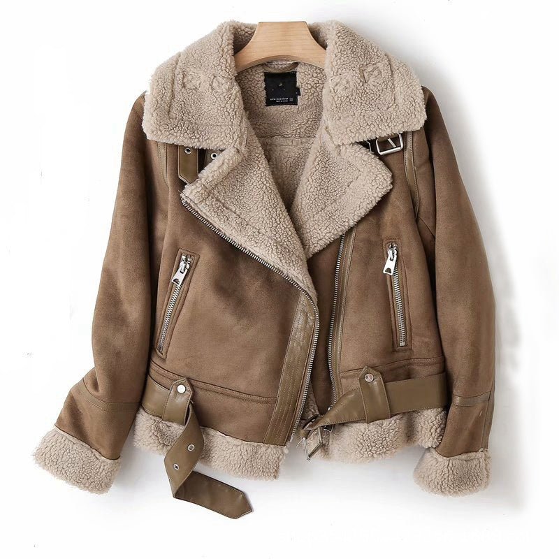 WInter Lapel Jacket Suede Lamb Wool Warm Coat Motorcycle Clothing Women Outwears - Alpaca House