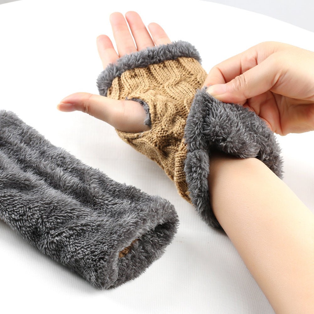 Winter Plush Gloves Twist Knitted Fingerless Fleece Gloves Women Warm Thickened Woolen Gloves - Alpaca House