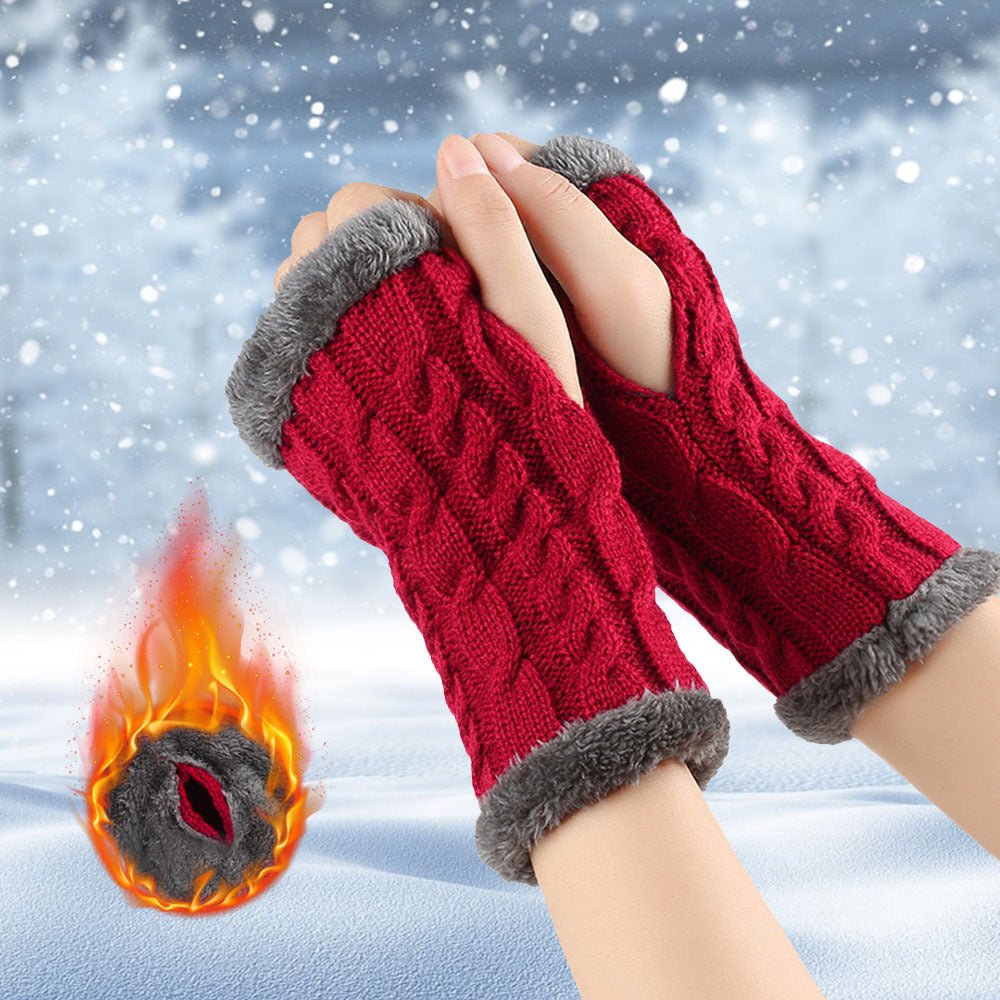 Winter Plush Gloves Twist Knitted Fingerless Fleece Gloves Women Warm Thickened Woolen Gloves - Alpaca House