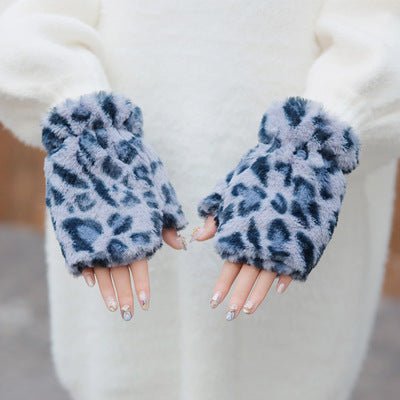 Women's Cute Leopard Print Fleece Fingerless Gloves - Alpaca House