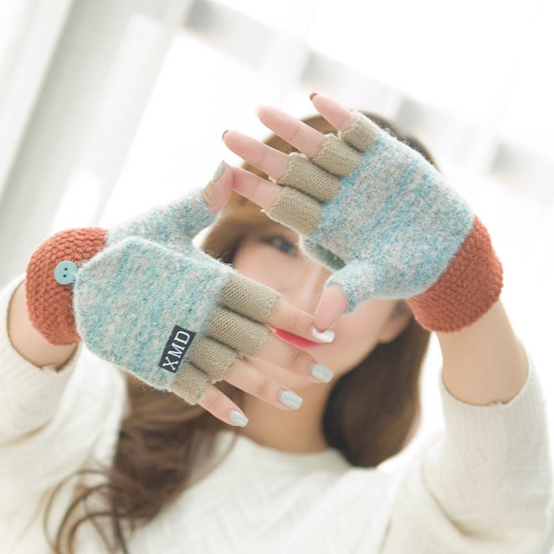 Women's half finger gloves wholesale female autumn winter Korean version of warm lovable double use of double finger wool gloves students - Alpaca House