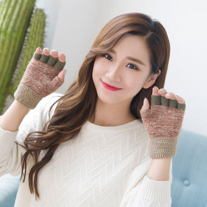 Women's half finger gloves wholesale female autumn winter Korean version of warm lovable double use of double finger wool gloves students - Alpaca House