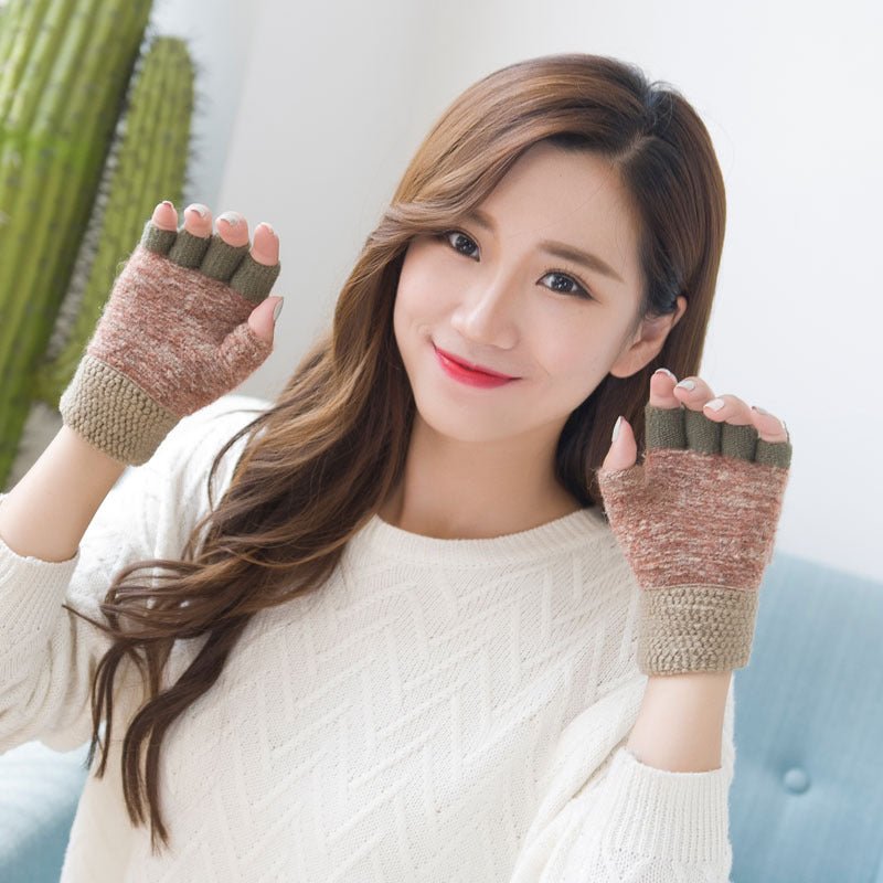 Women's half finger gloves wholesale female autumn winter Korean version of warm lovable double use of double finger wool gloves students - Alpaca House