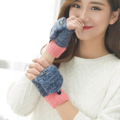 Women's half finger gloves wholesale female autumn winter Korean version of warm lovable double use of double finger wool gloves students - Alpaca House